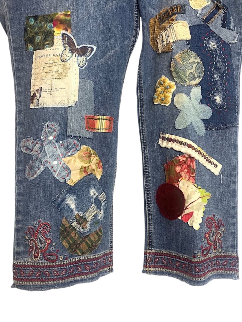 Upcycled Patchwork Cottage Core Cropped Jeans Sz 16W - Picture 3 of 11